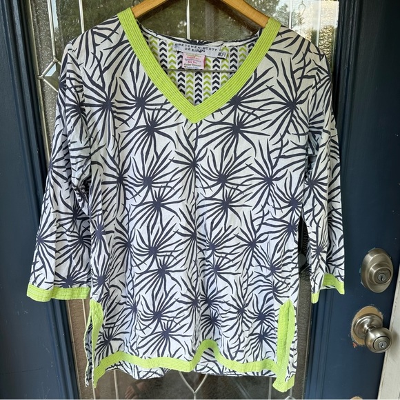 Gretchen Scott 100% cotton 3/4 length sleeve runic white blue green medium - Picture 1 of 6